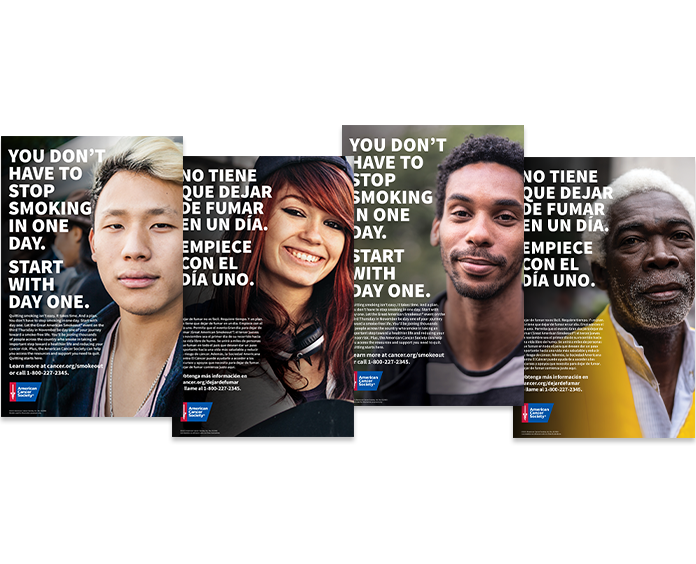 GASO posters that say "You don't have to quit smoking in one day. Start with day one."